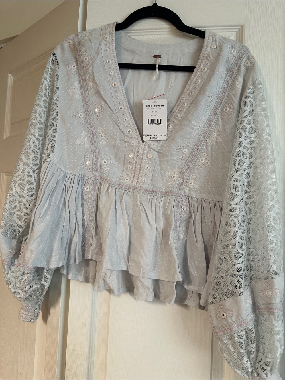 Free People Pale Blue Lace Peasant Blouse